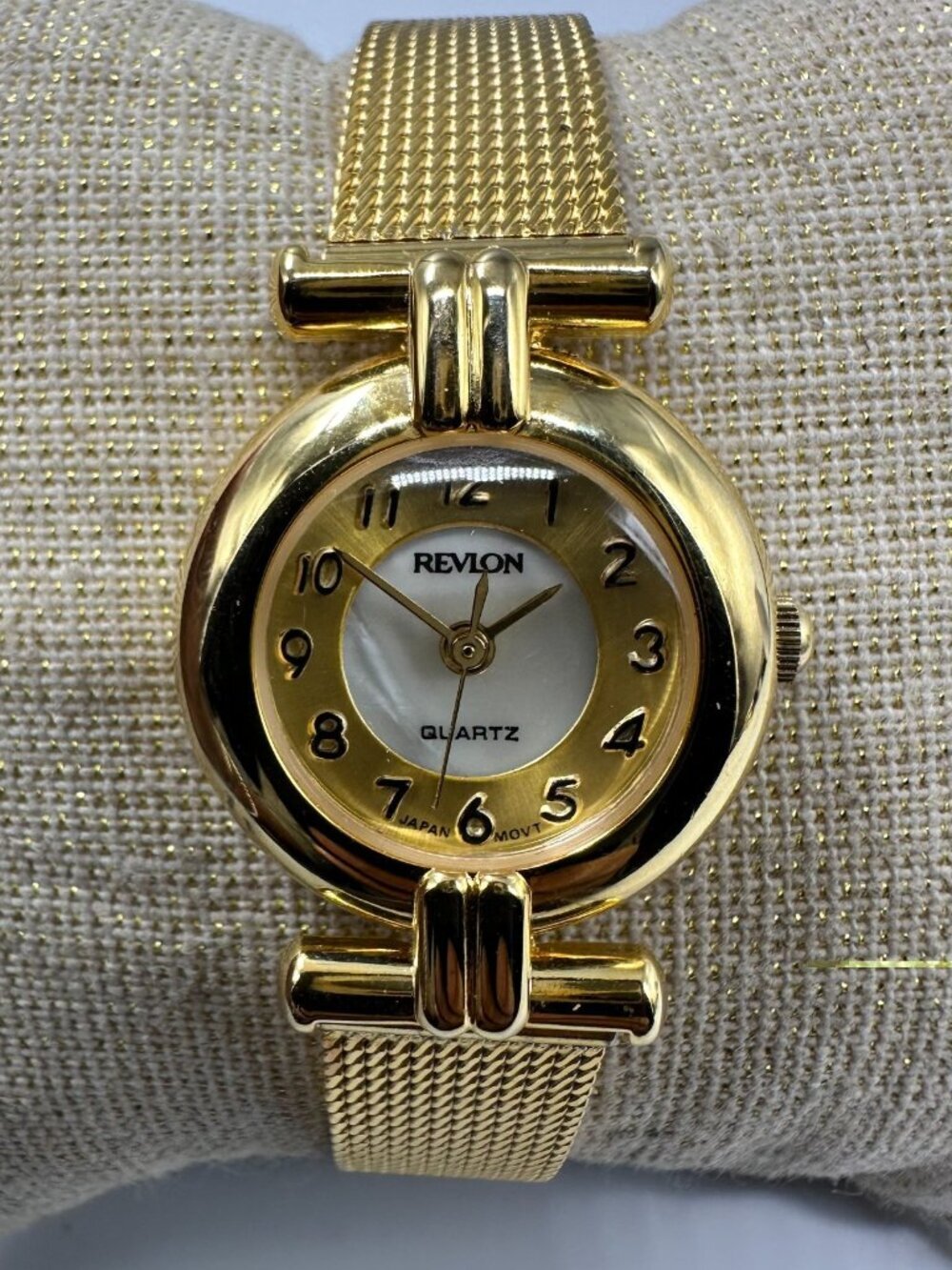 Vintage Revlon Watch Womens Gold Tone Mesh Band New Battery 8.5"